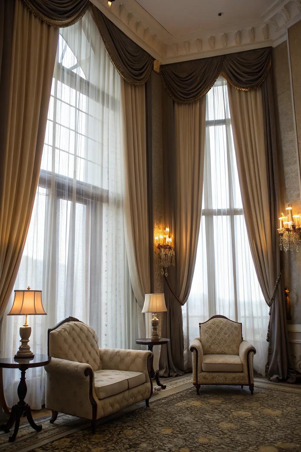 Layered curtains afford adaptability and elegance.