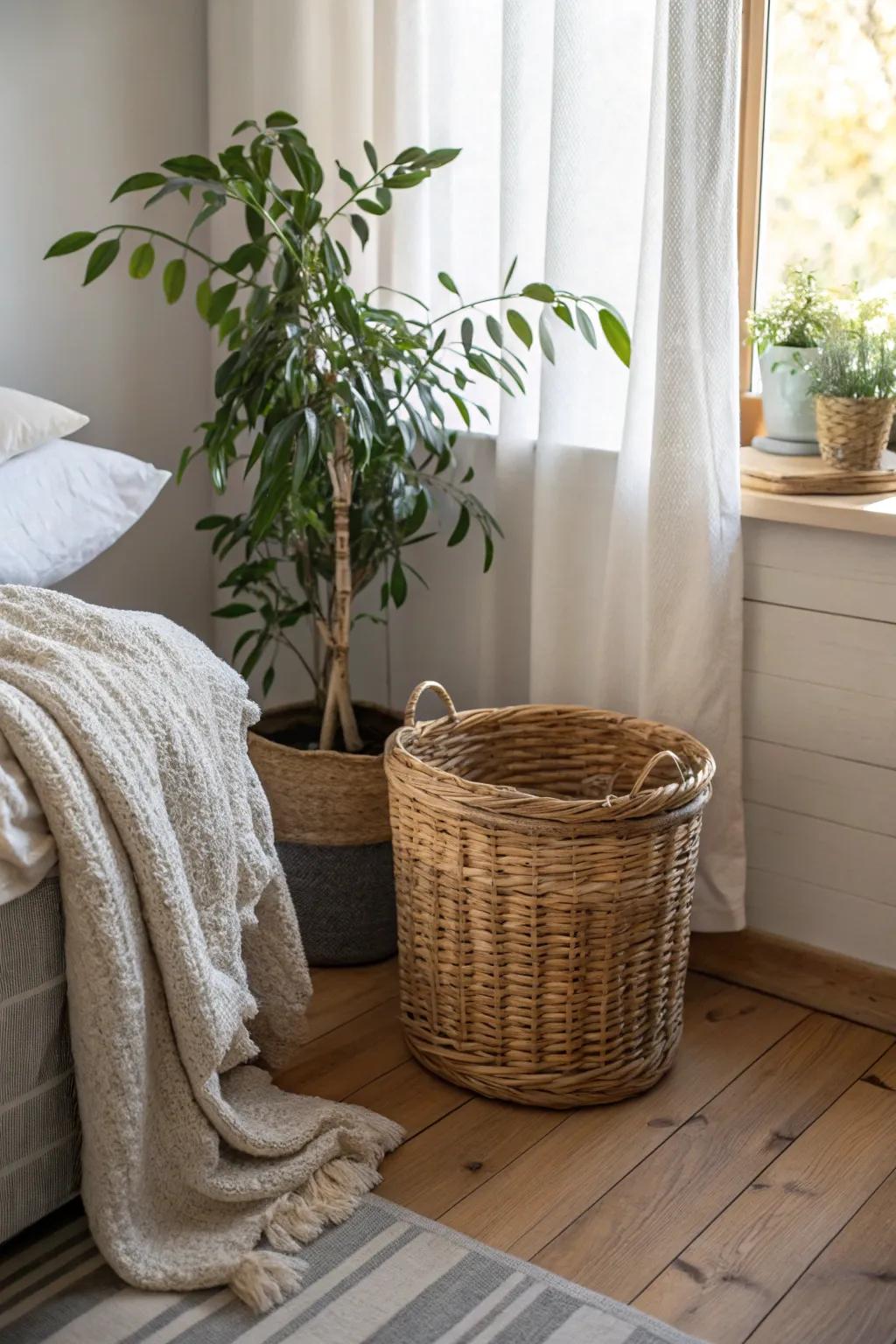 The integration of greenery and woven elements elevates the tan aesthetic.
