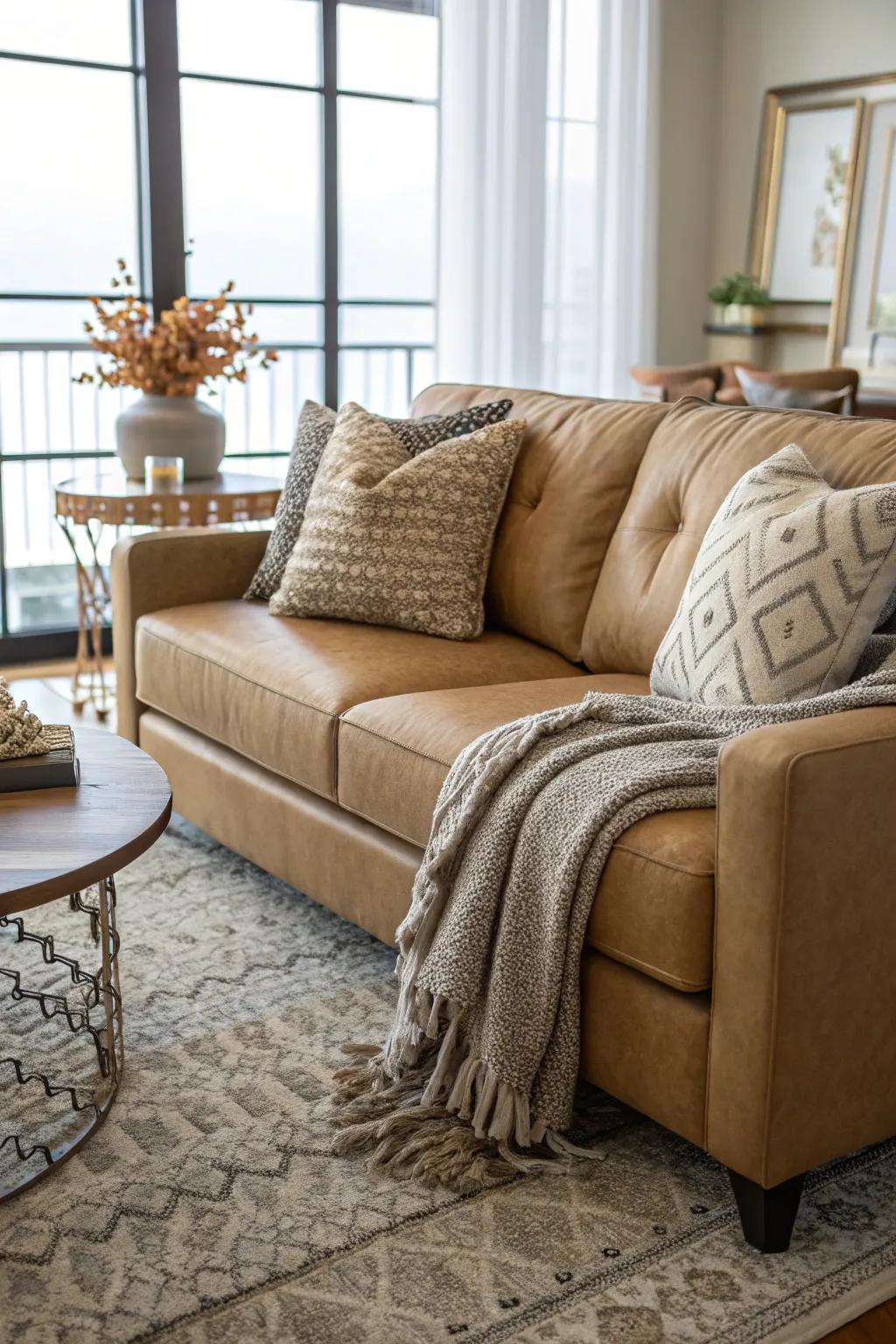Textures imbue coziness and appeal to a beige sofa arrangement.