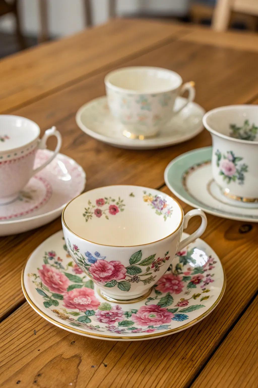An assortment of vintage china tea cups and saucers adds charm to the table.