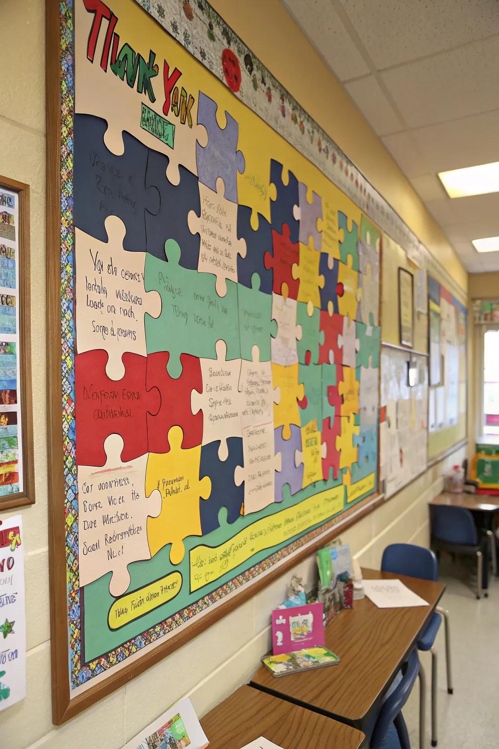 A puzzle-themed board where each puzzle piece holds a personal thank-you from students.