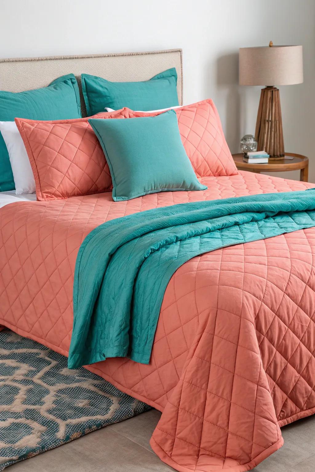 Coral bedding and teal throws combine to create a snug atmosphere.
