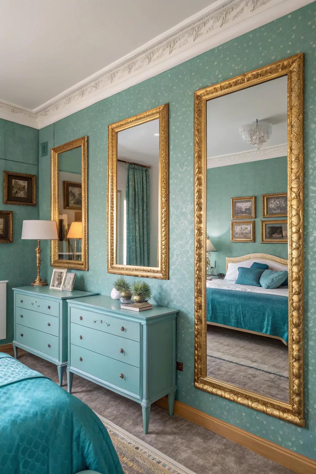 Mirrors with gilded frames contribute sophistication and light to this azure-themed area.