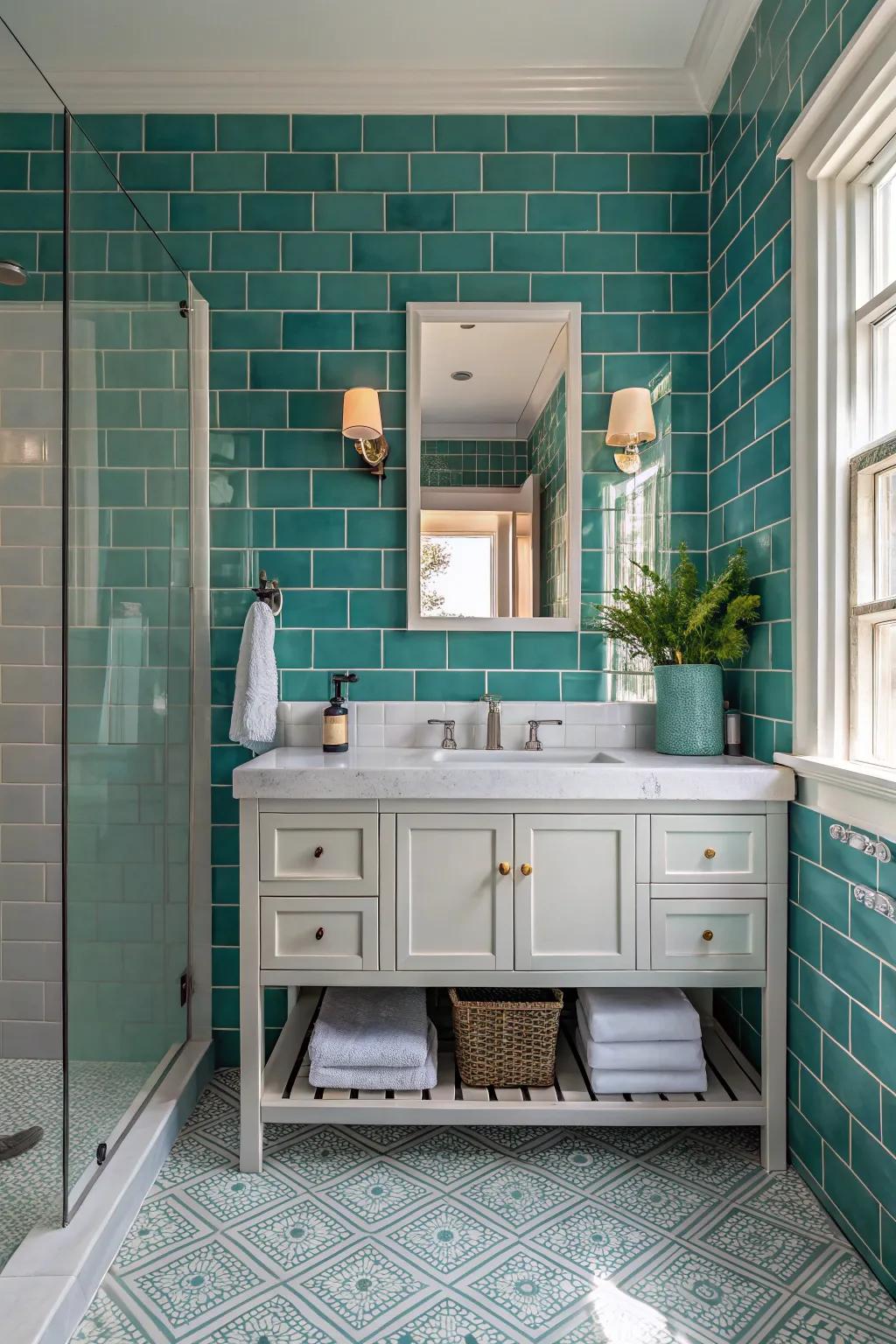 Incorporate richness with timeless aquatic green rectangular tiles.