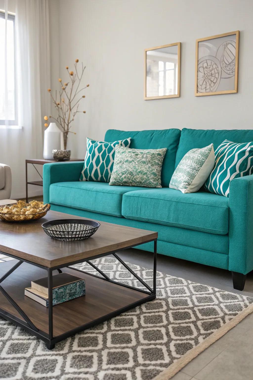 An azure settee acts as an impressive point of convergence in this comfortable family room.