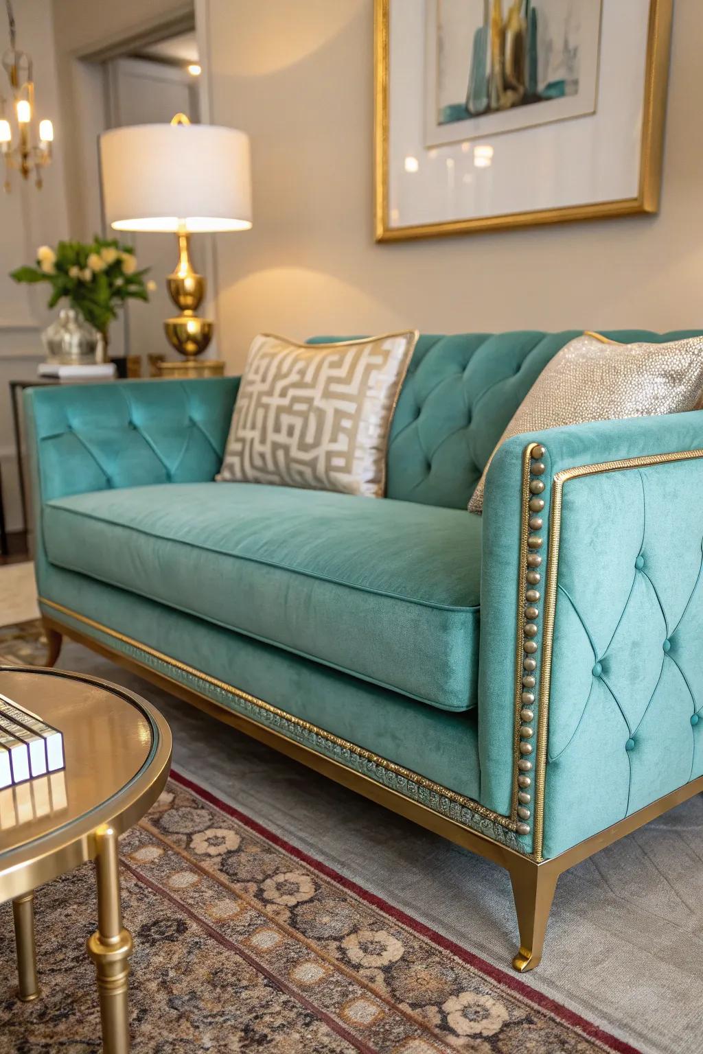 A turquoise couch takes center stage with elegant, shimmering aspects.