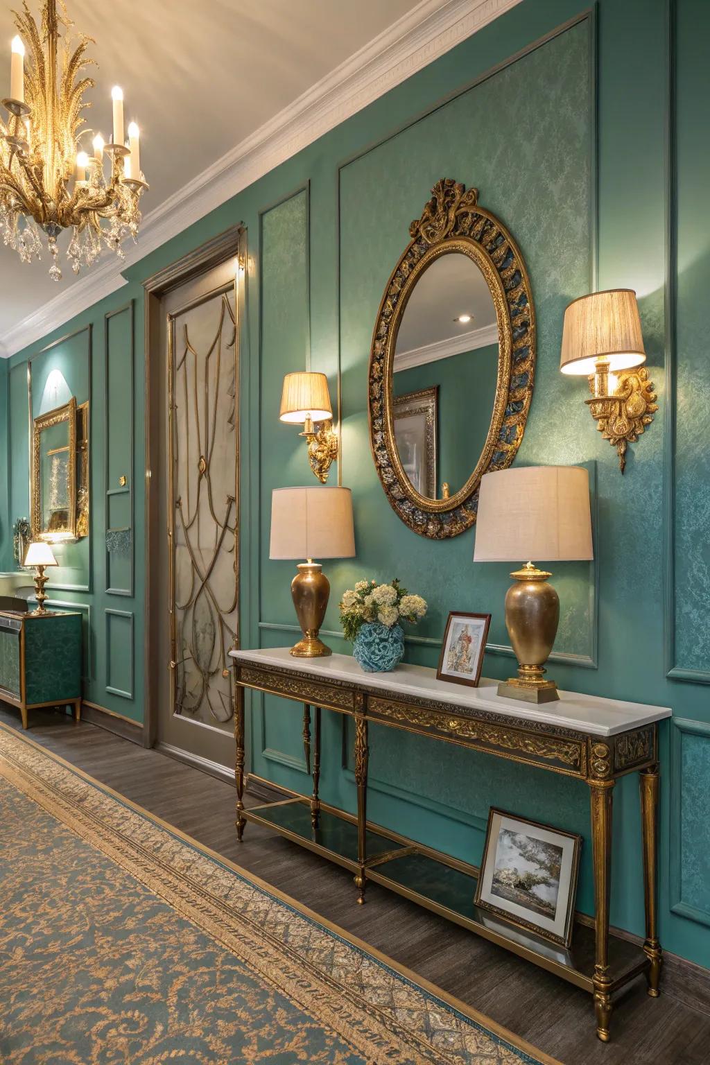 Teal walls enhanced with gold accents for an opulent aesthetic.