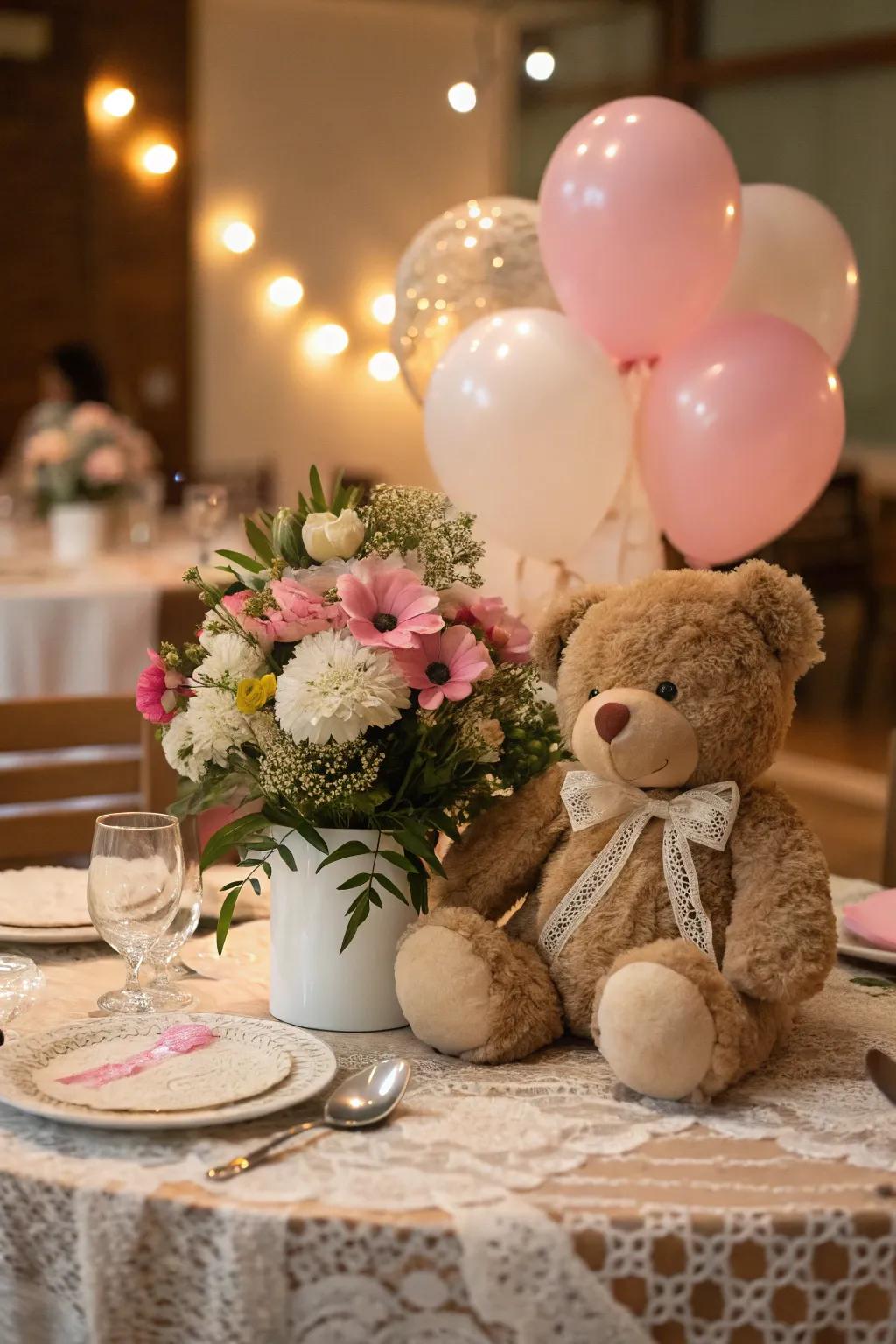 Sweet cuddle bear table accents deliver a whimsical charm to the table design.