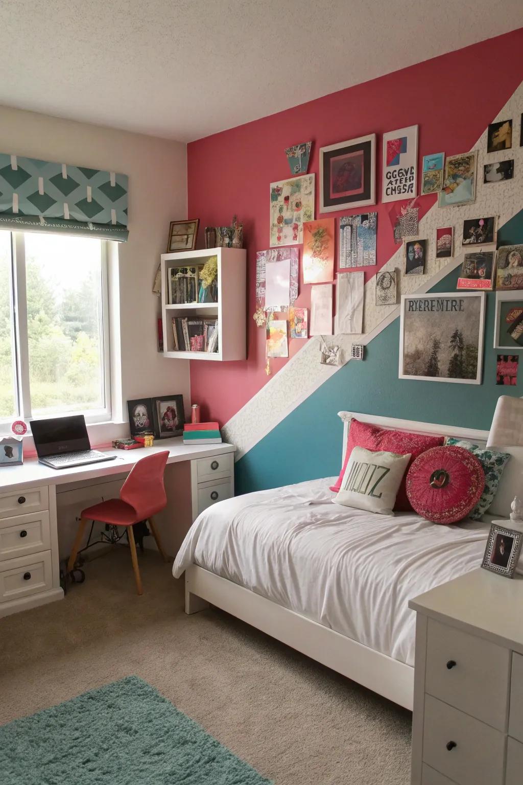 A striking accent wall that enriches the flair and character of a teenage girl's bedroom.