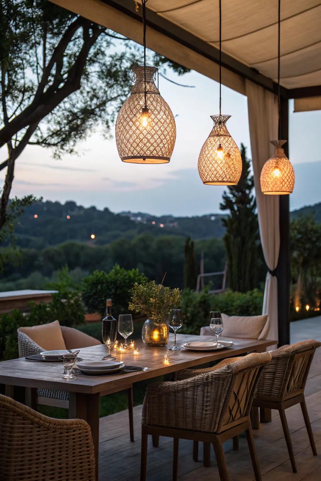 Chic pendant lights amplify your outdoor dining moments.