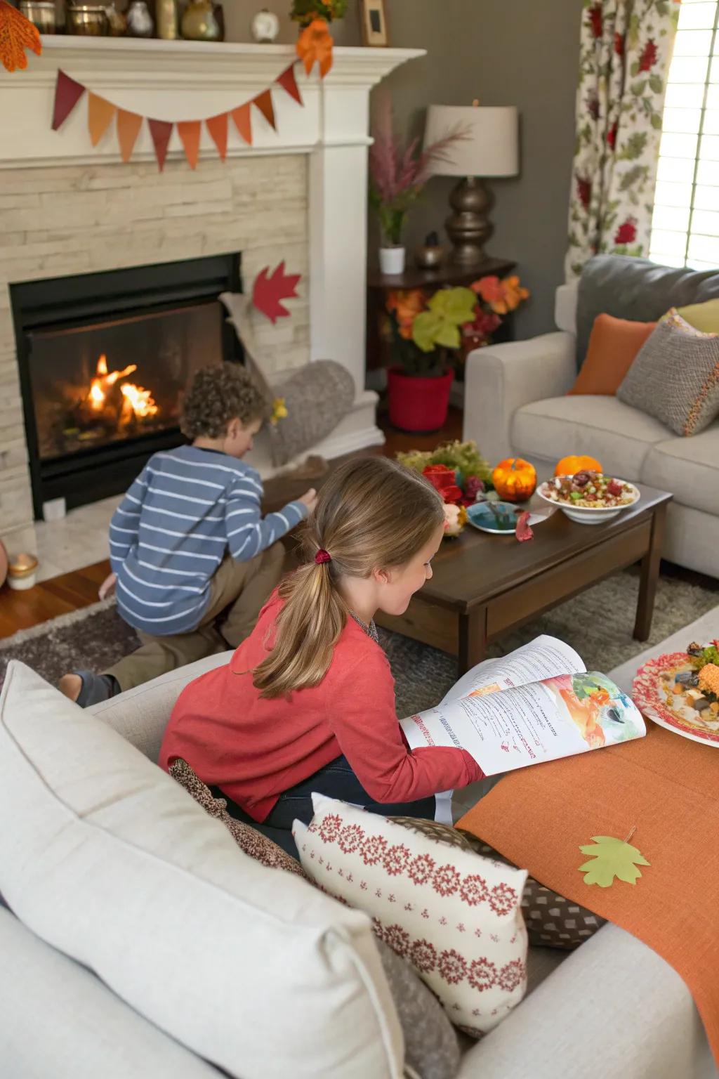 Children avidly scouring for concealed paper fowls during Thanksgiving.