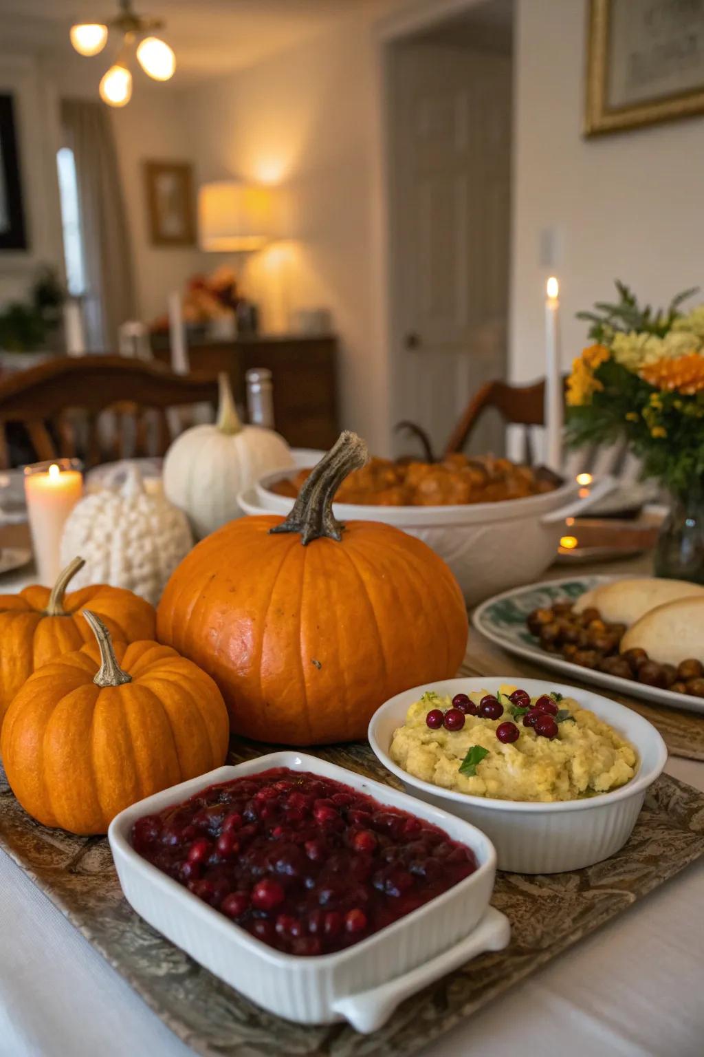 A charming centerpiece created with pumpkins of various sizes.