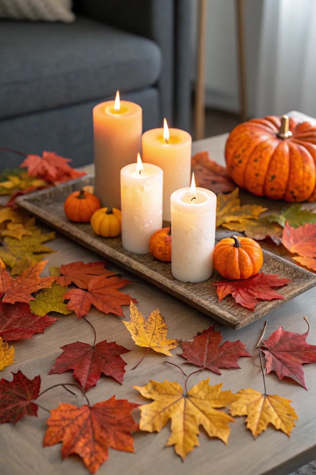 Groups of candles create a soothing mood on a coffee table.