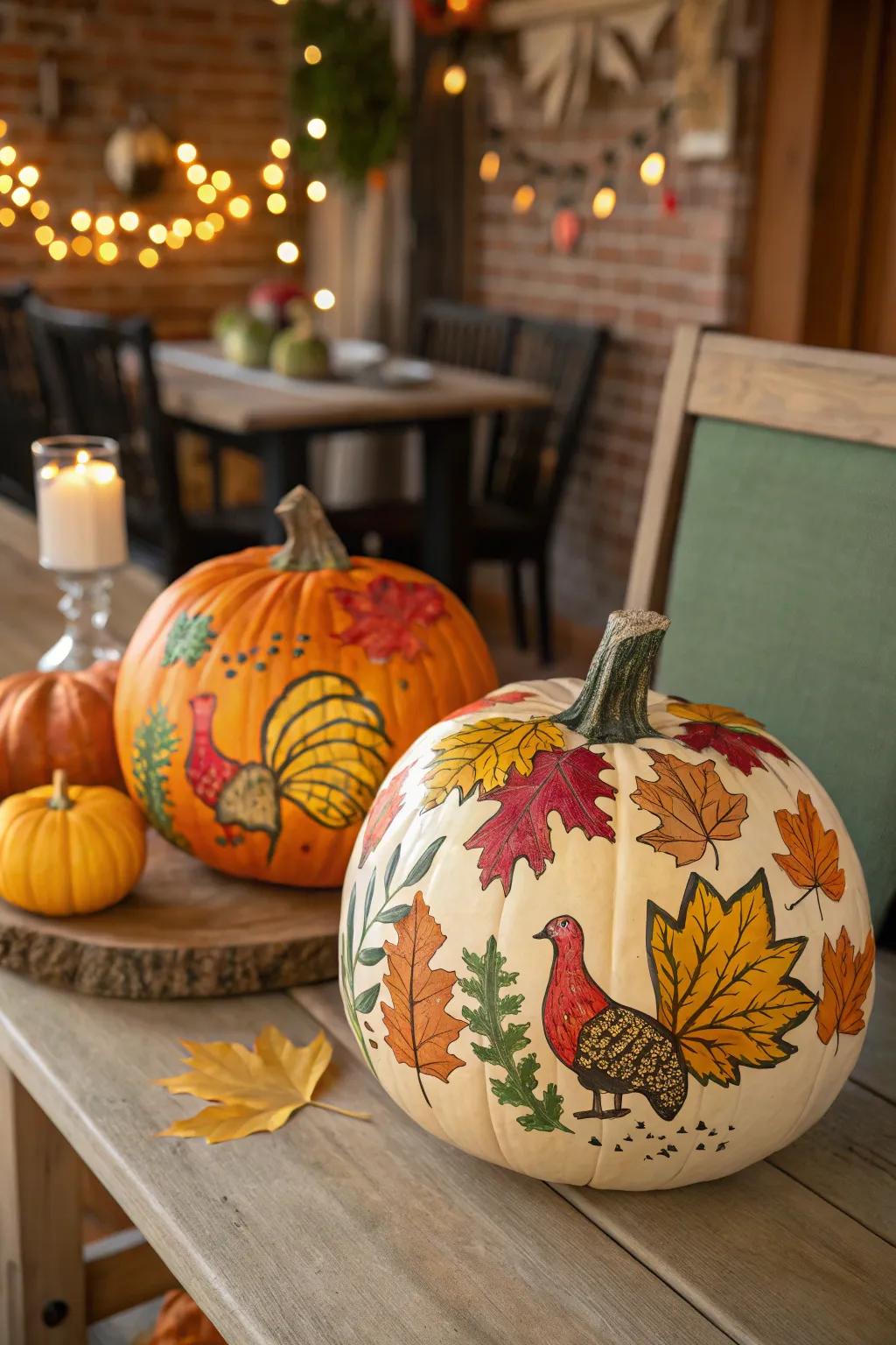 Vibrantly painted pumpkins showcasing seasonal designs.