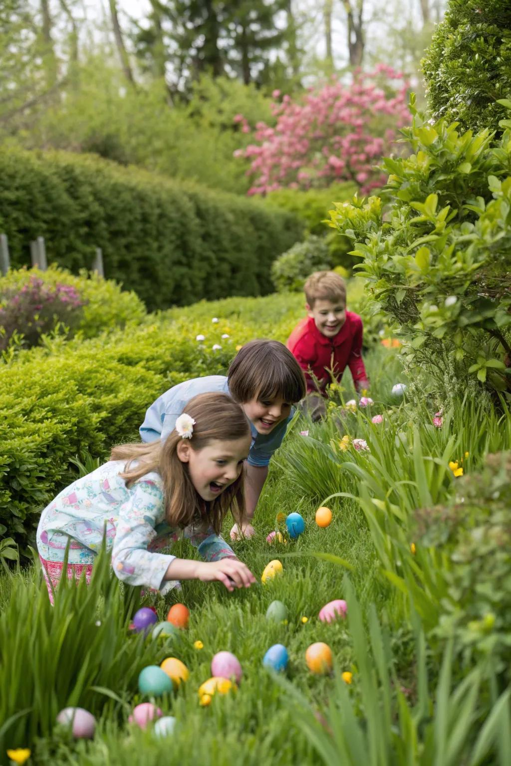 Youngsters reveling in a delightful Easter treasure quest.