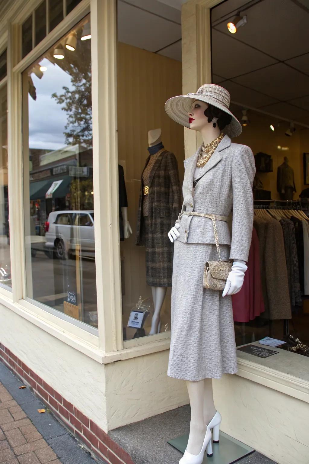 A figure showcasing a carefully chosen heritage ensemble.