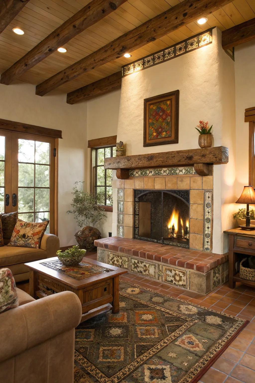 Country warmth: a natural timber mantel complements earthy tiles beautifully.