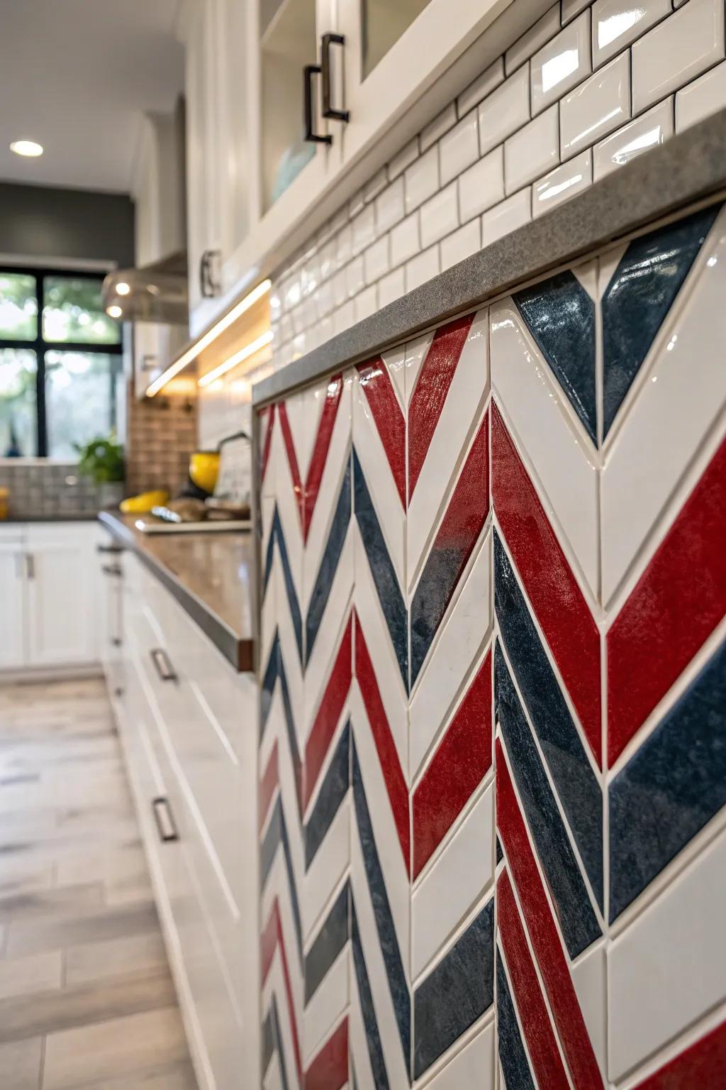 An intense chevron arrangement incorporates an eye-catching aspect to this cooking area backsplash.