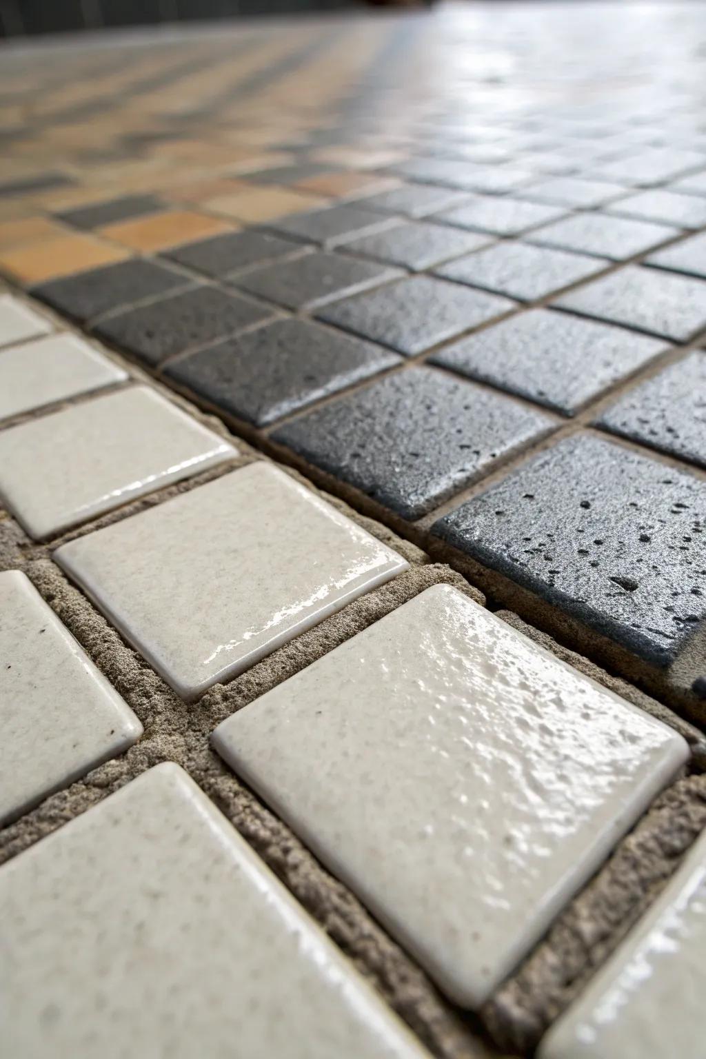 Textural contrast enriches the depth of this tile transition.