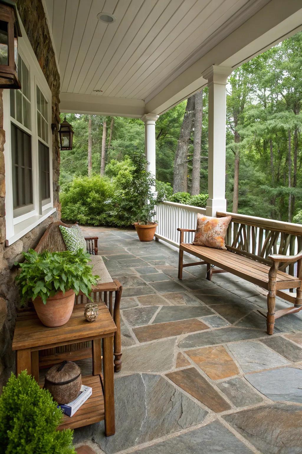 Genuine rock tiles compose a rustic and pleasant porch setting.