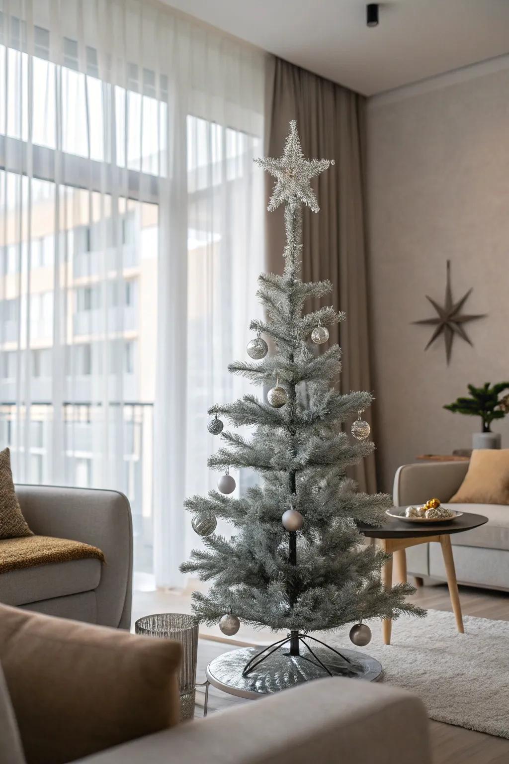 A contemporary living space presenting a minimalist Christmas tree decorated with silver sparkle ribbon.
