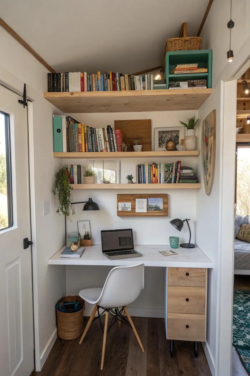 Integrated shelving maintains a structured and organized workspace.