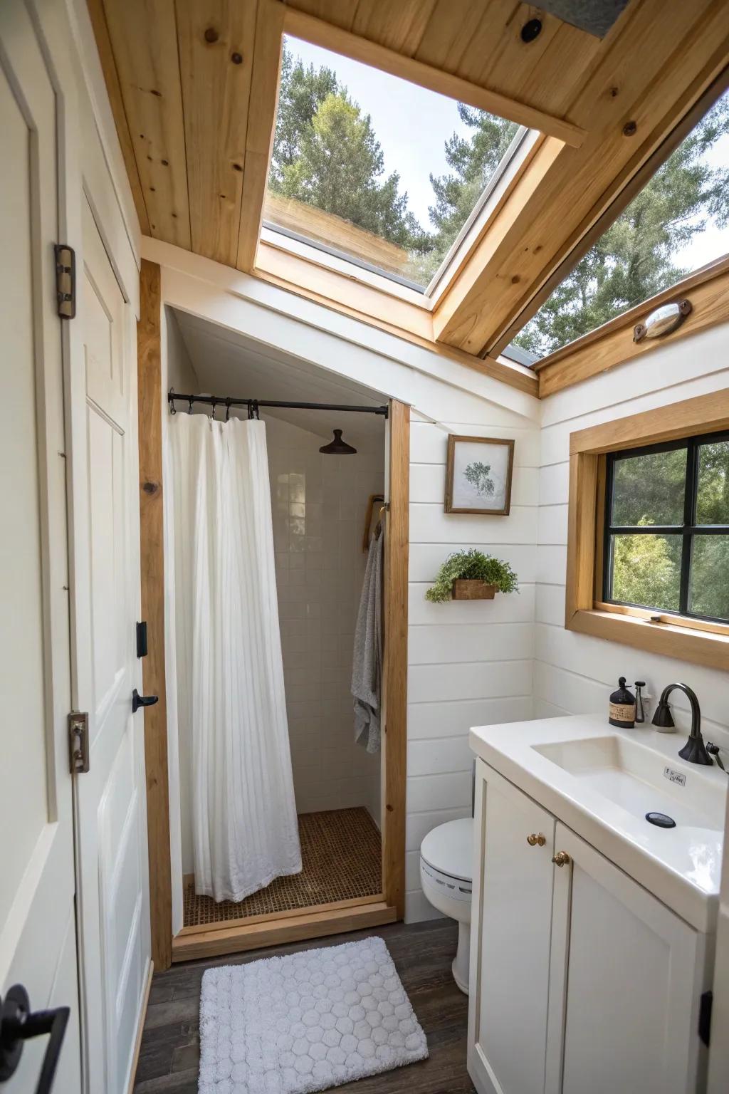 A skylight brings in abundant natural light, dramatically expanding this tiny bathroom.