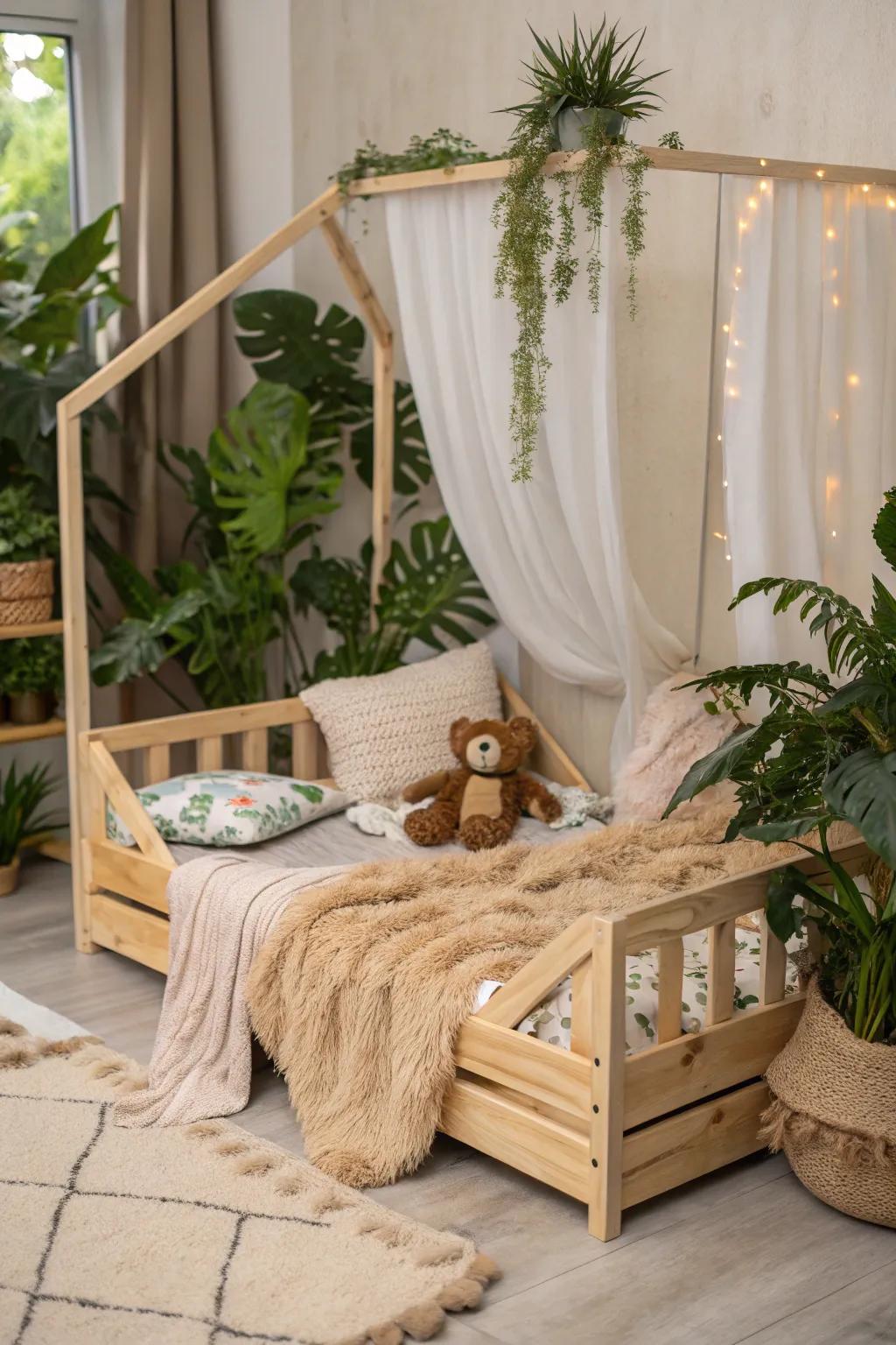 A natural wood bed that brings the outdoors in.