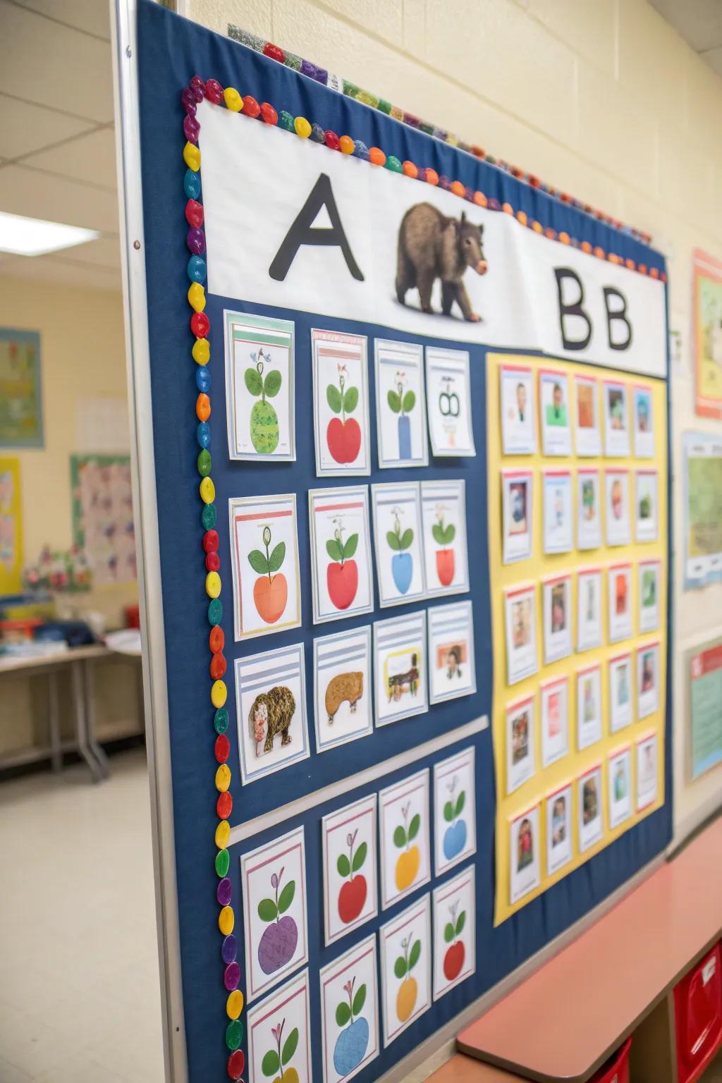 A lexical-themed board with letters and matching images.