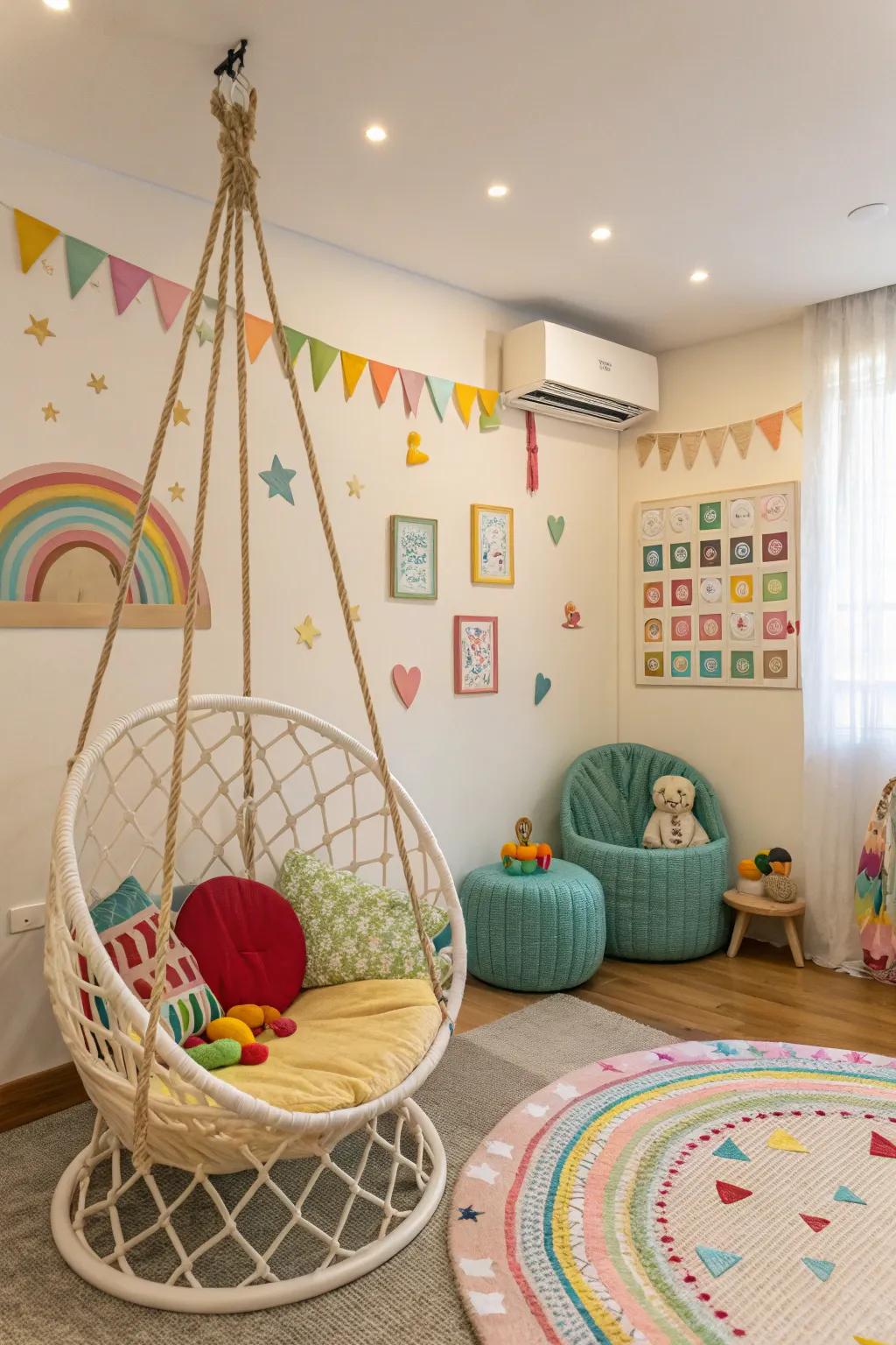 A swinging seat contributes movement and joy to the playroom setting.