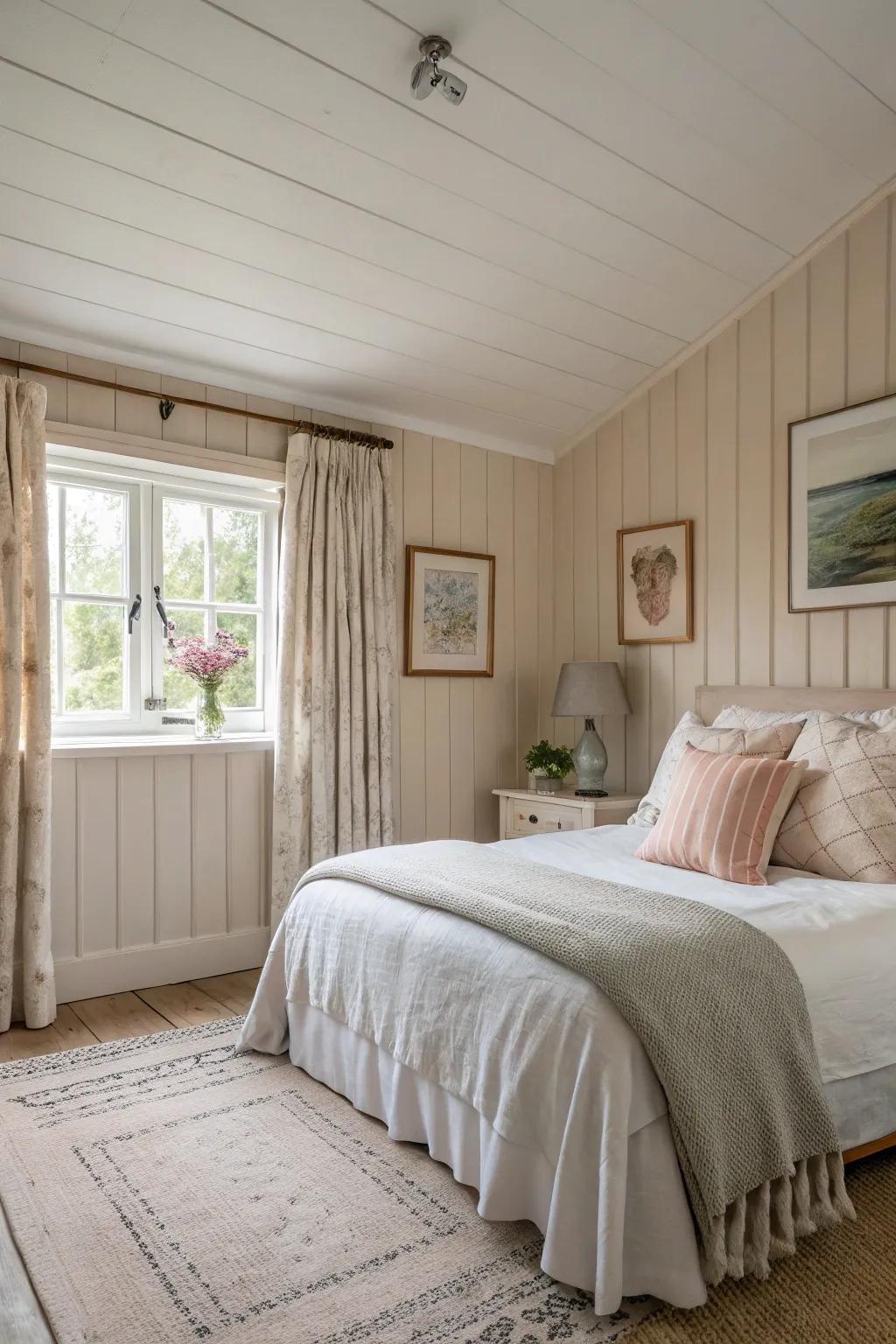 Soft, neutral shiplap walls create a soothing bedroom escape.