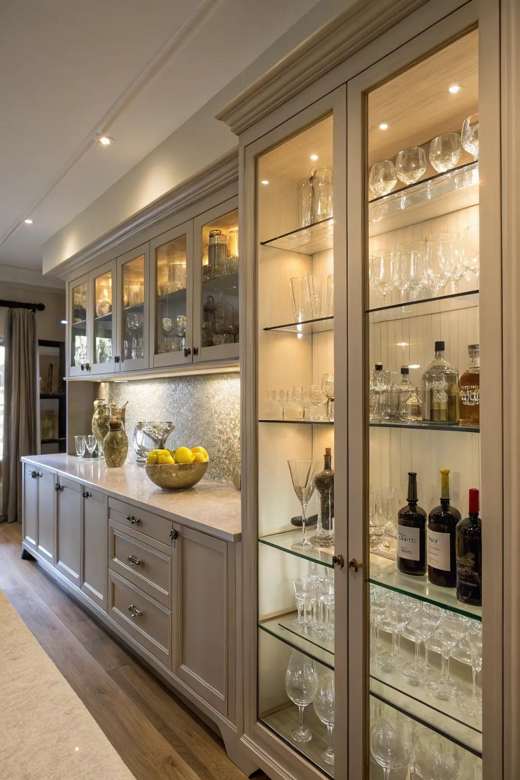 Glass-fronted cabinets propose a refined and up-to-date appearance, ideal for presenting choice glassware.