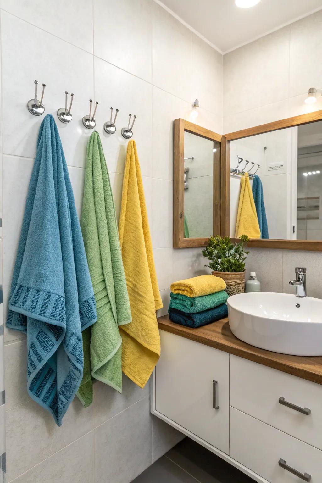 Hooks offer a space-efficient way to hang towels without compromising on aesthetic appeal.