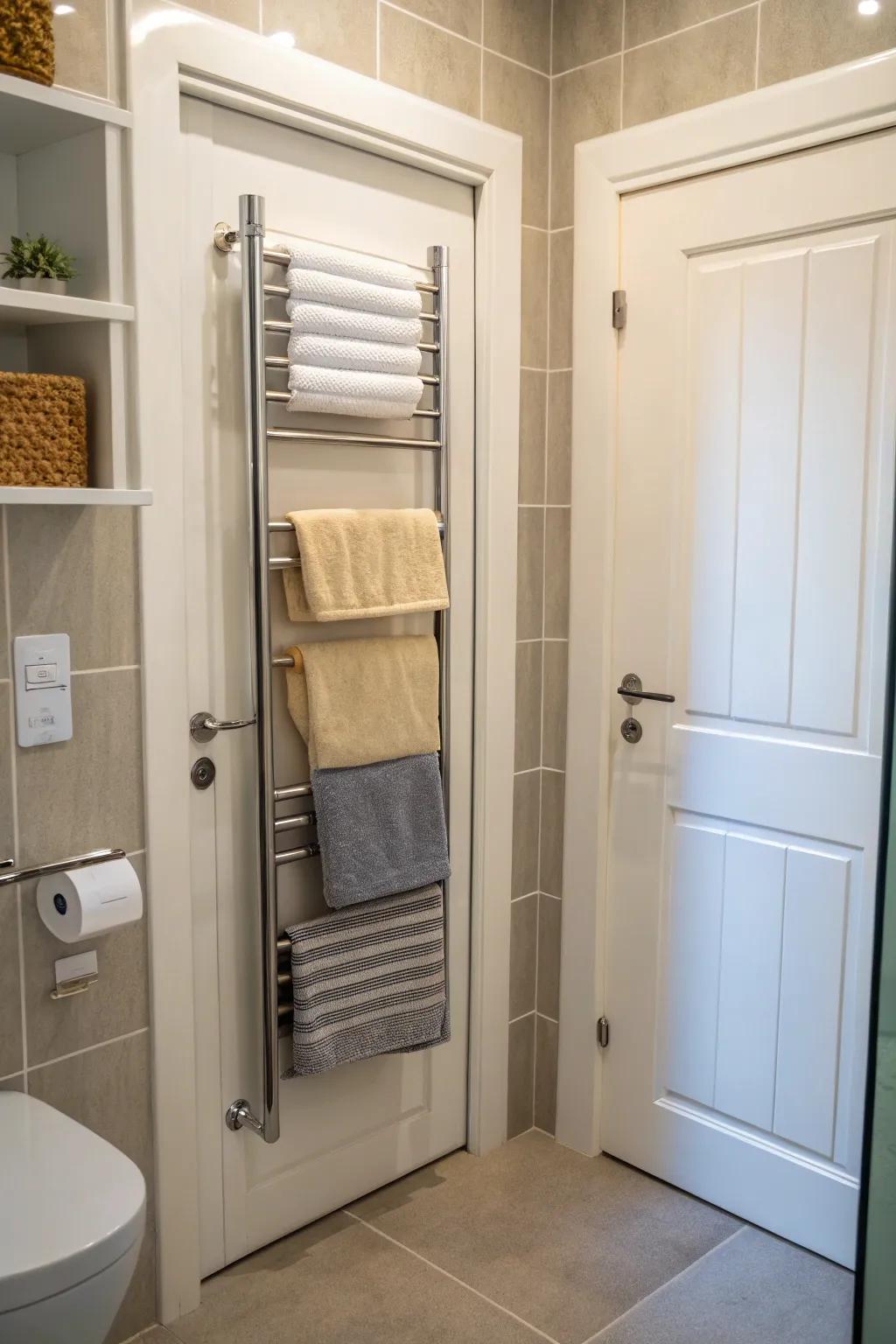 Take full advantage of your bathroom door by installing an over-the-door towel rack.