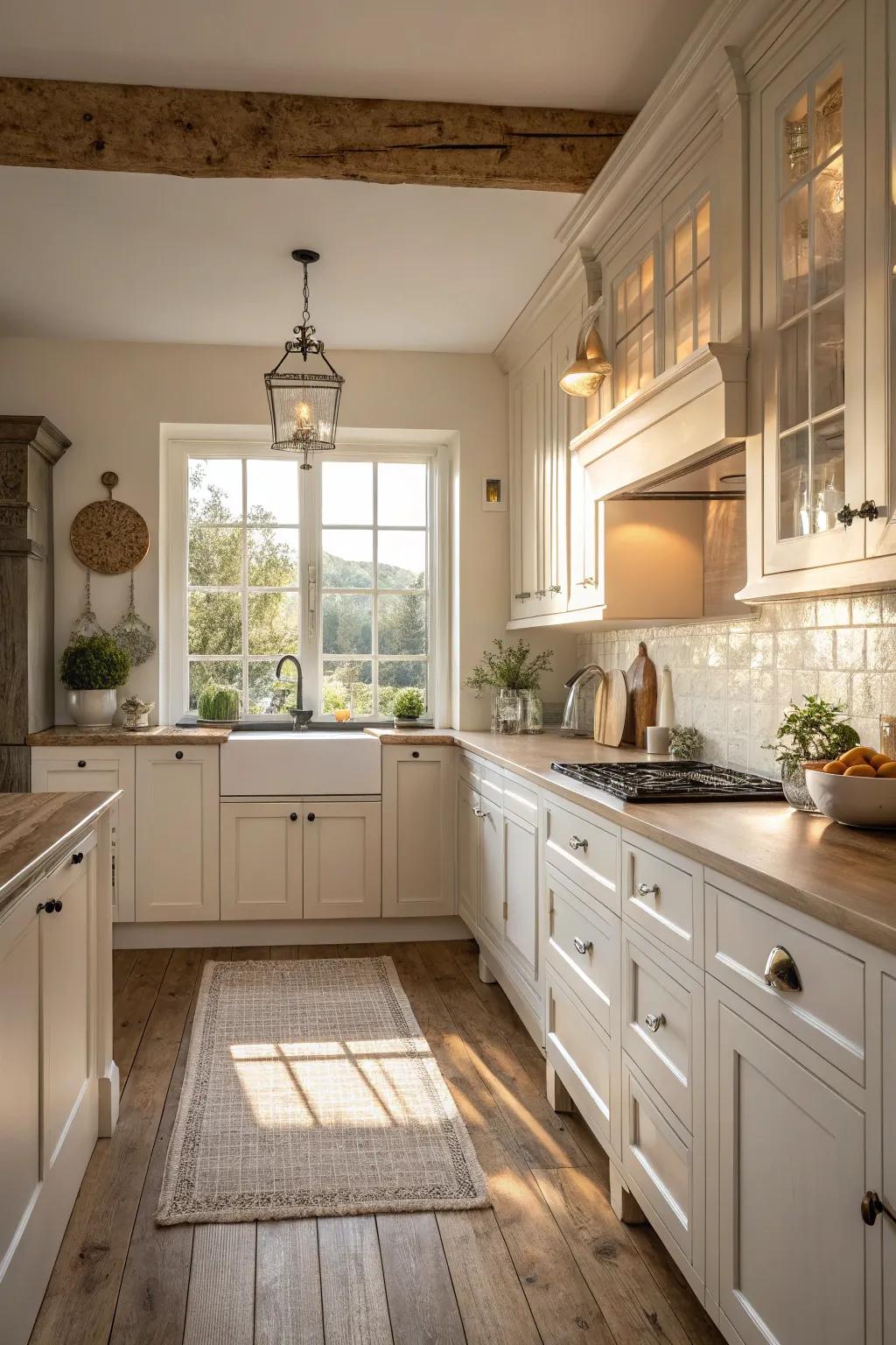 White and soft shades fashion a serene and ageless kitchen backdrop.