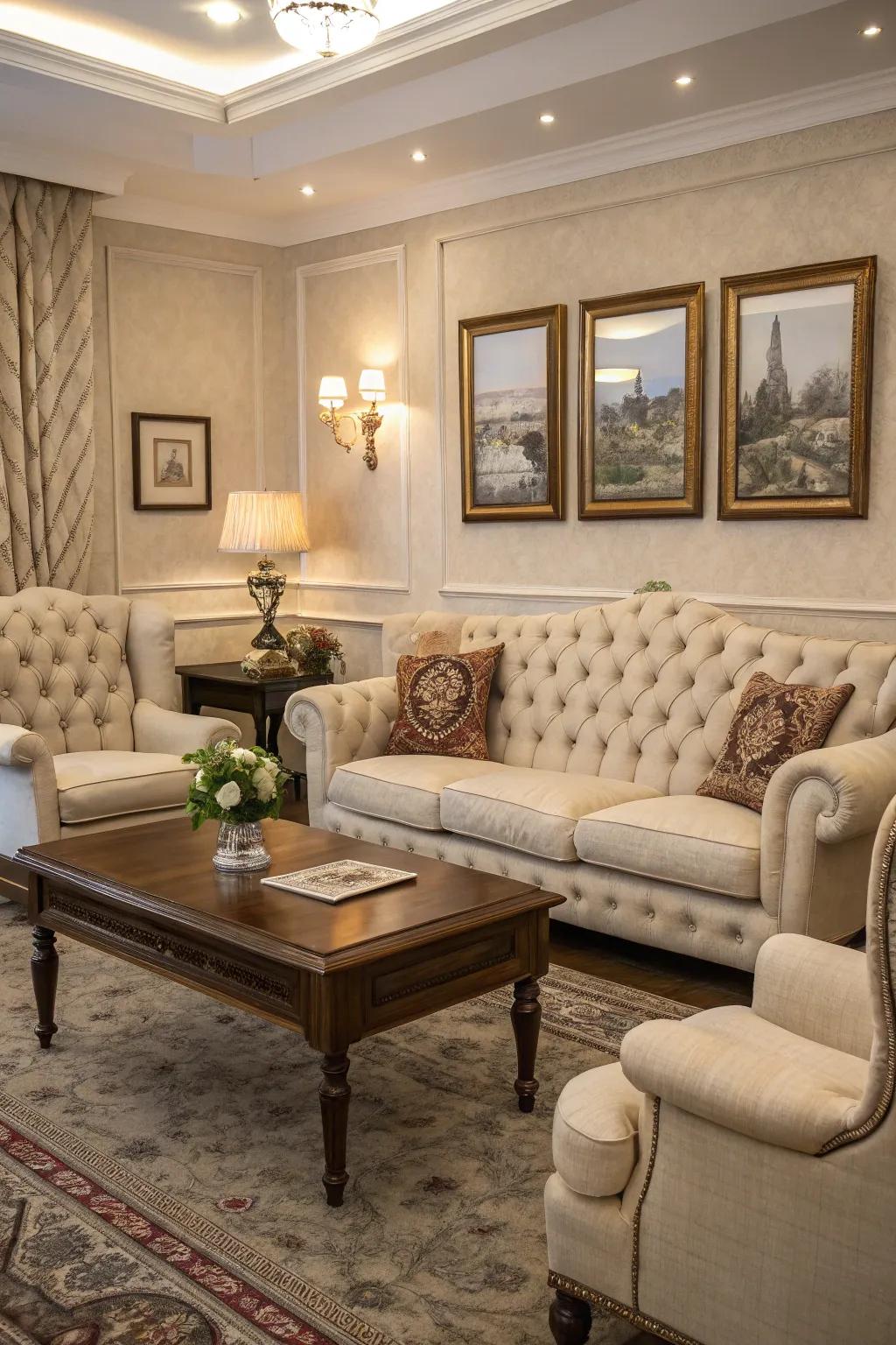 Classic furniture designs enhance the elegance of a classic living room.