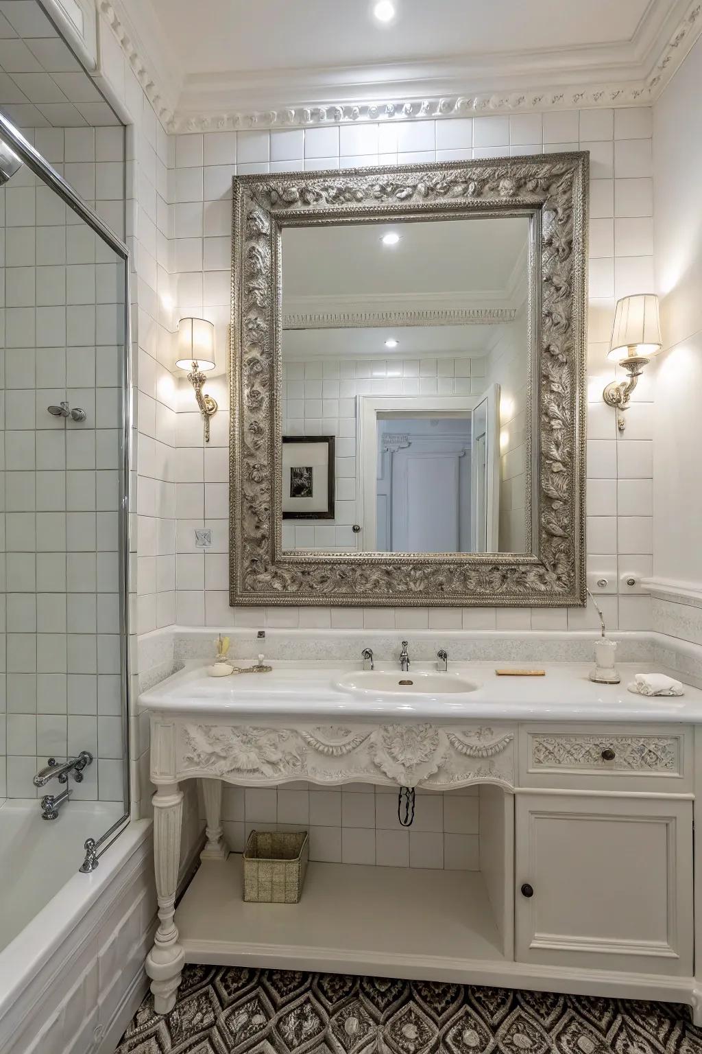 A classic white bathroom presents a sizable, ornamented mirror, enhancing refinement and dimension.