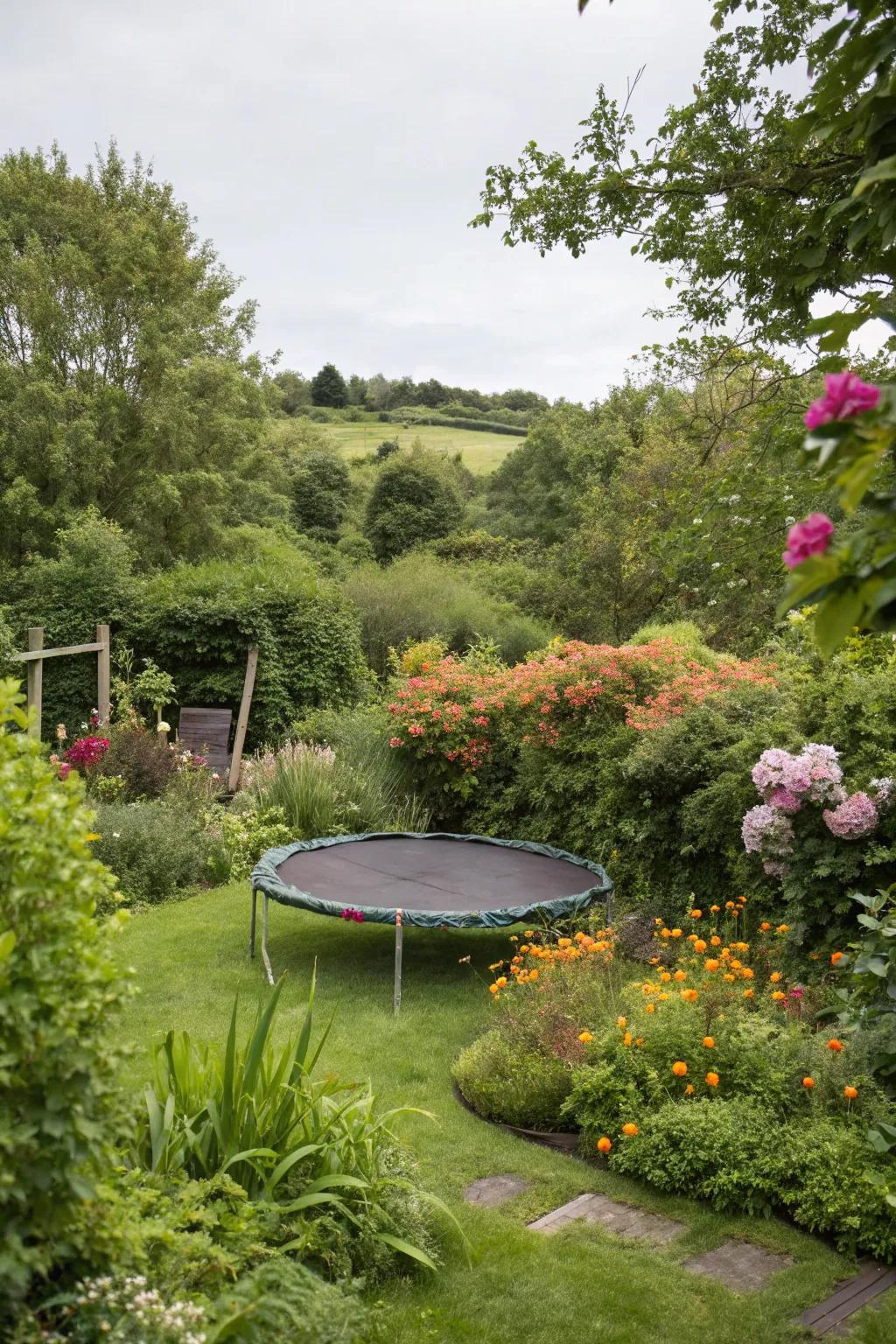 A trampoline nestled within a garden sanctuary, embraced by vibrant greenery.