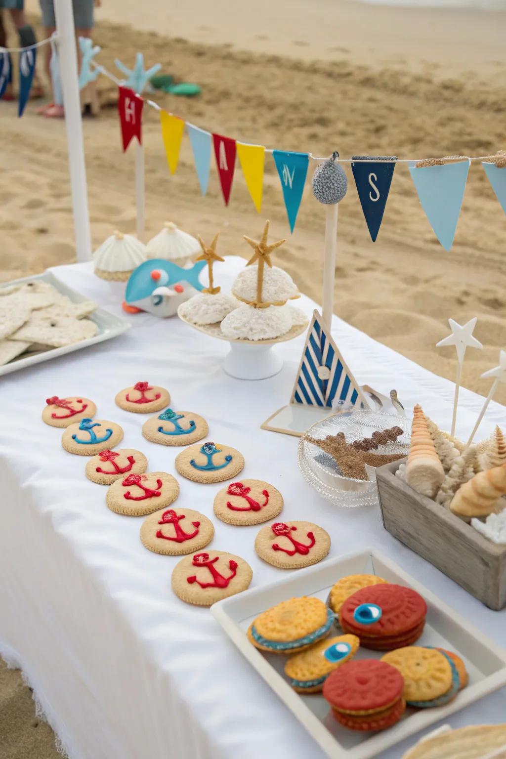 A coastal-themed treat table featuring shells and sea-inspired treats.