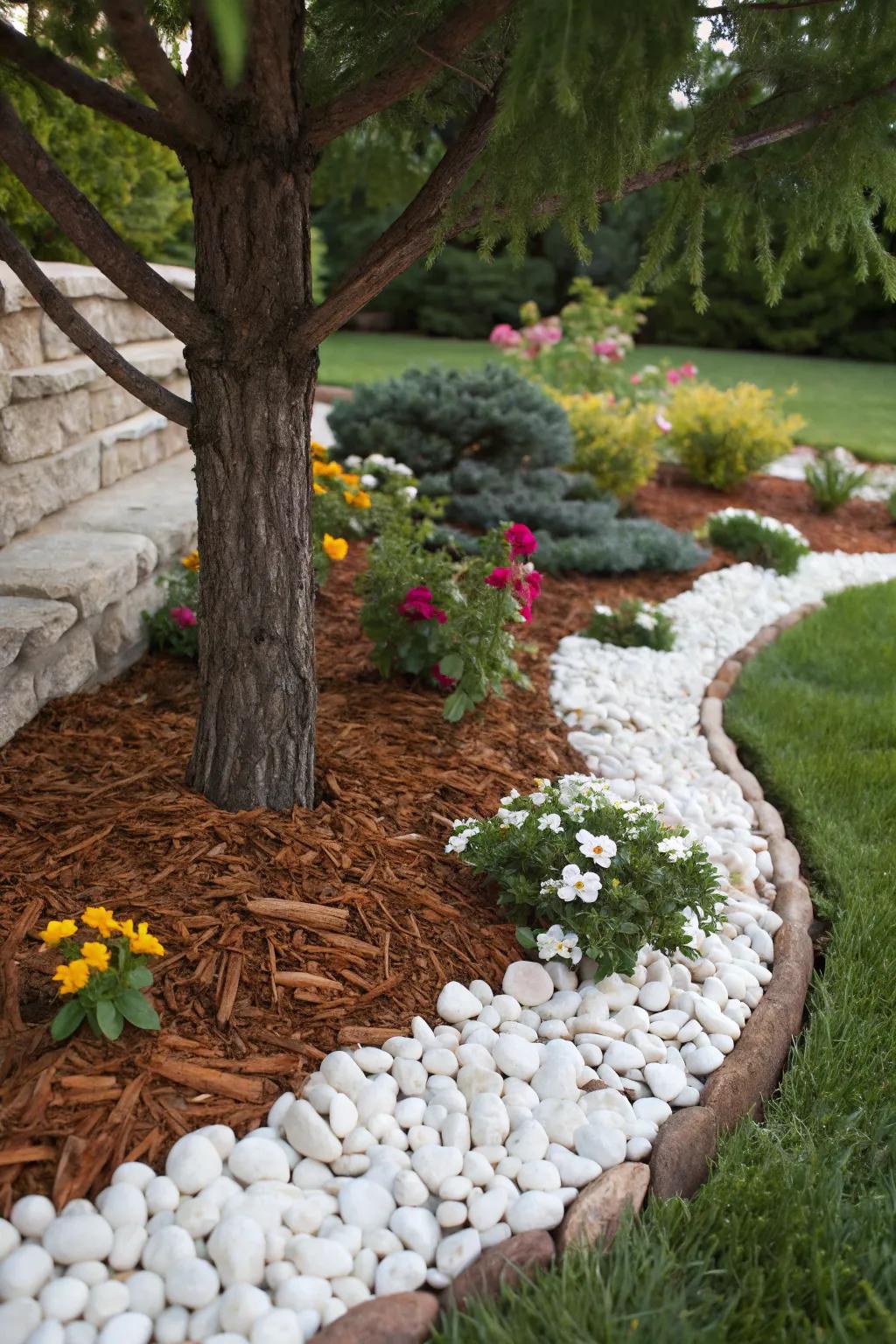 Mulch and pebbles fashion a textured and visually attractive foundation for trees.