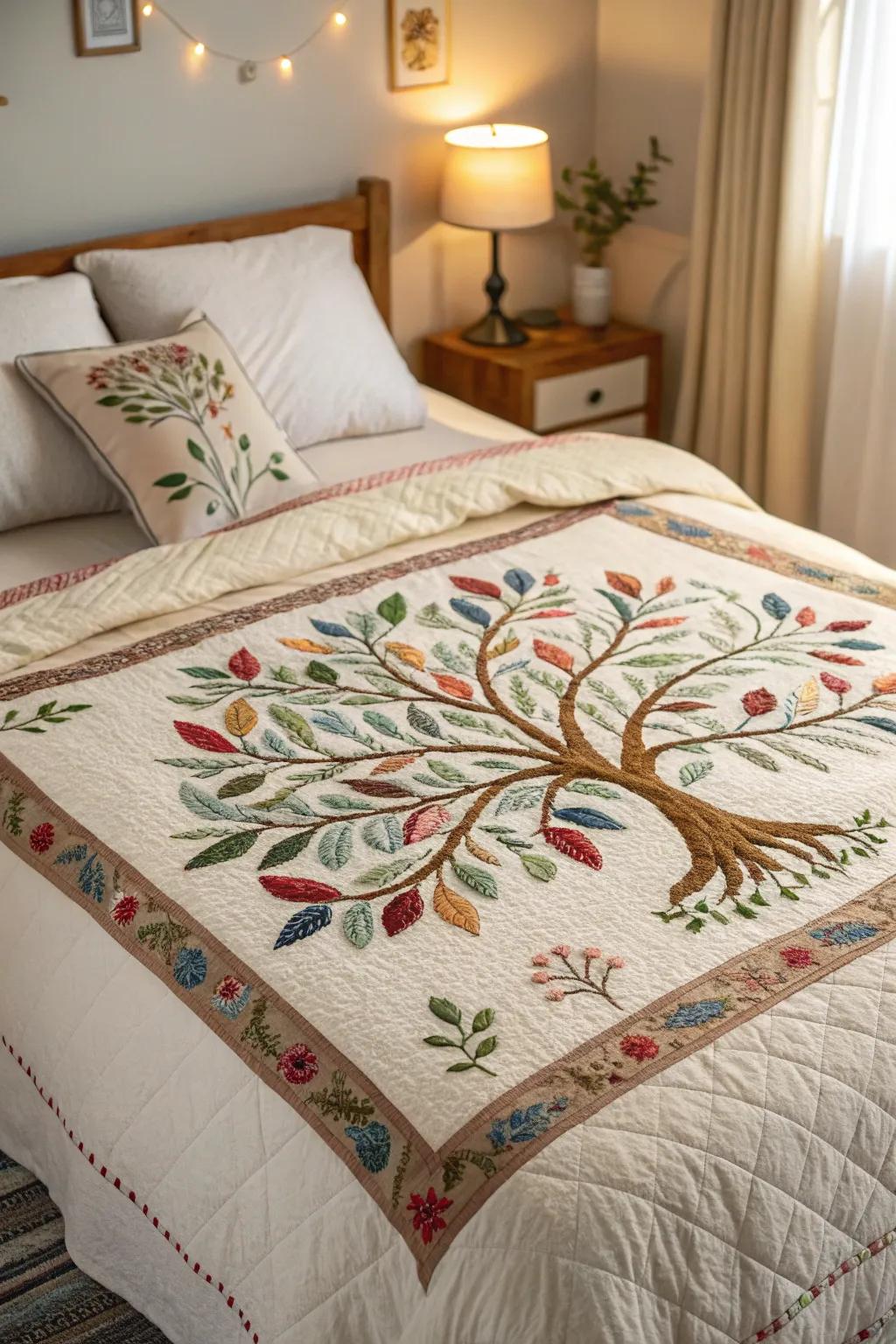 A stitched Arbor Vitae blanket introduces coziness to an inviting bed.