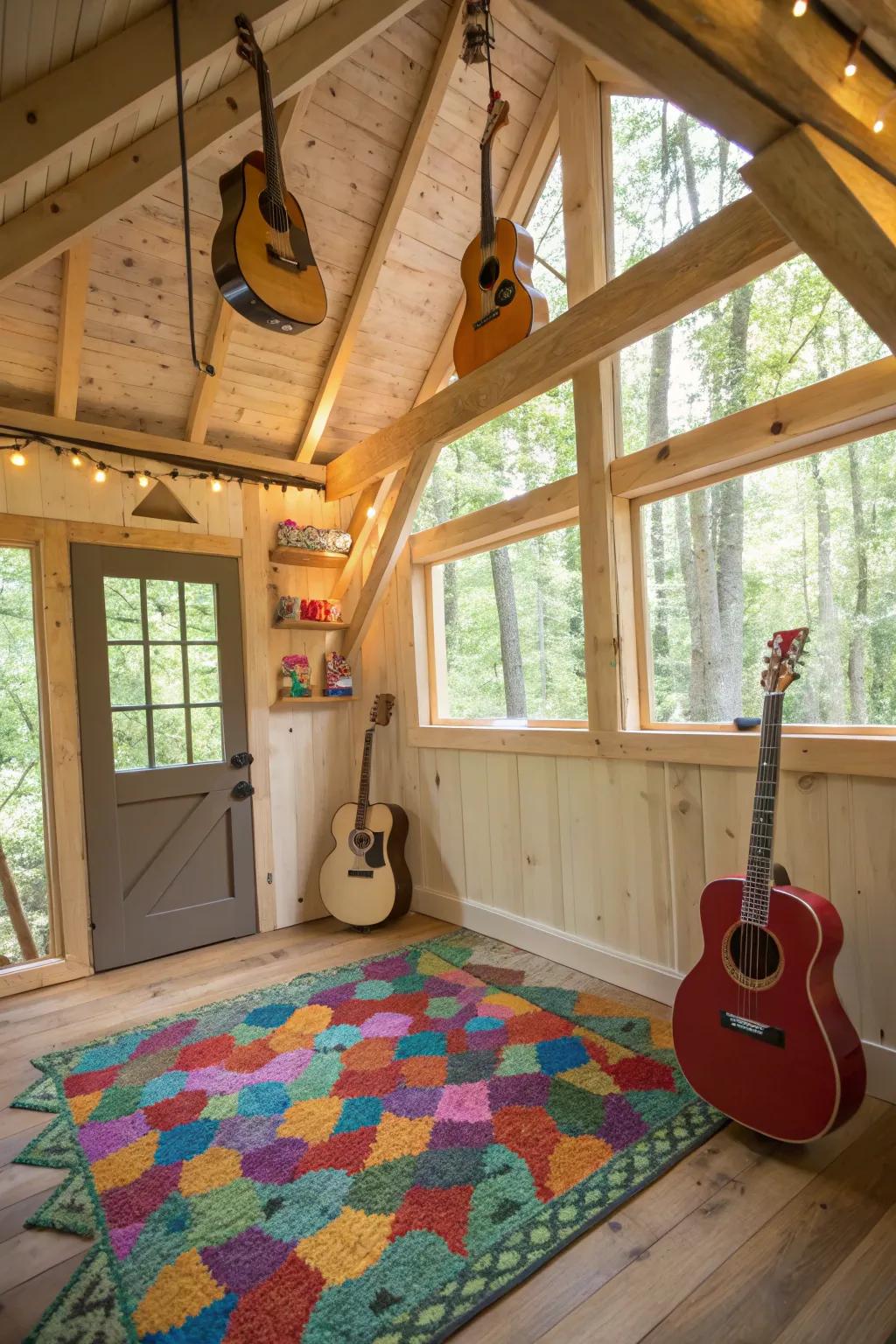 Playful decor elements inside a treehouse, featuring a colorful rug and hanging guitars.