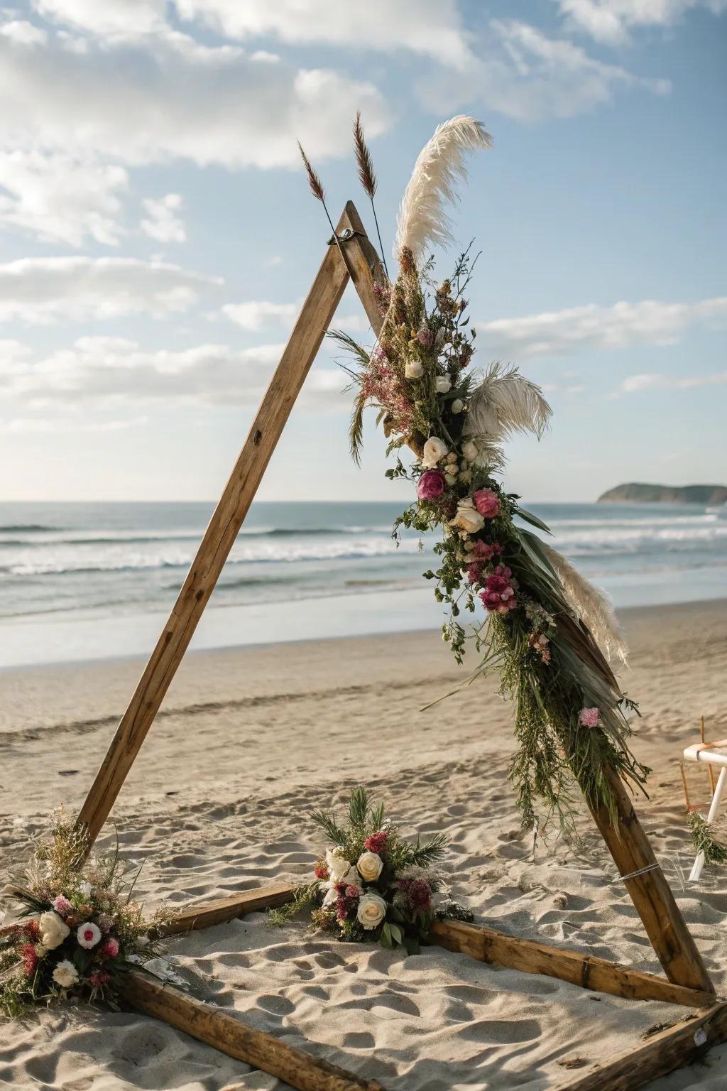A rustic triangle arch ideal for outdoor or beachside events.