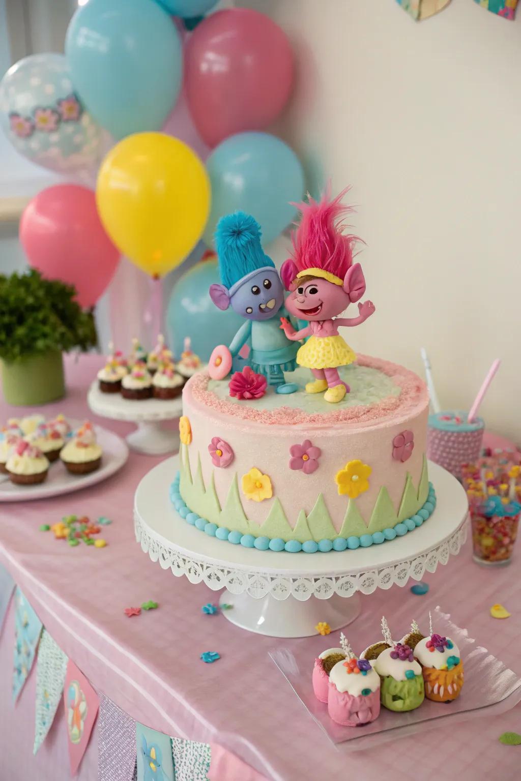 An enjoyable cake adorned with charming character models of the Trolls.