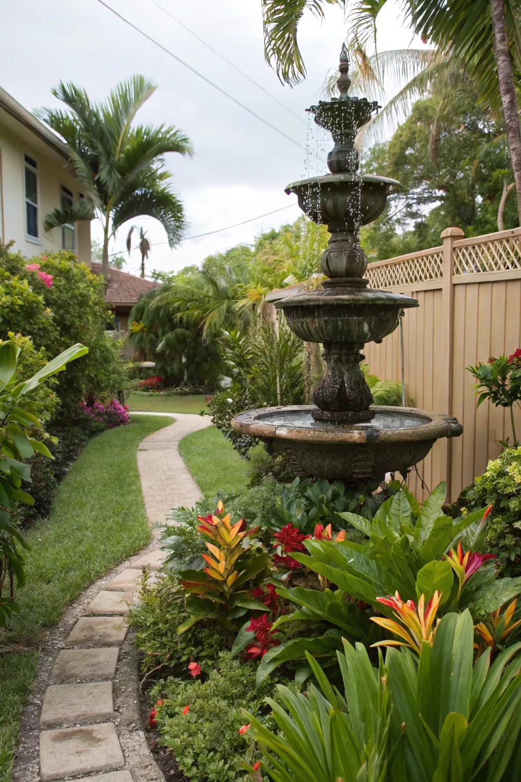 A modest fountain brings a sense of peace and appeal to a tropical garden.