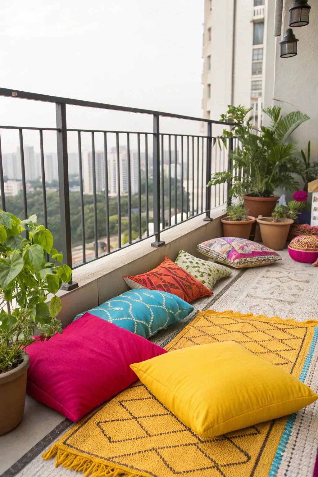Invigorate your balcony using brightly colored textiles for an uplifting ambiance.