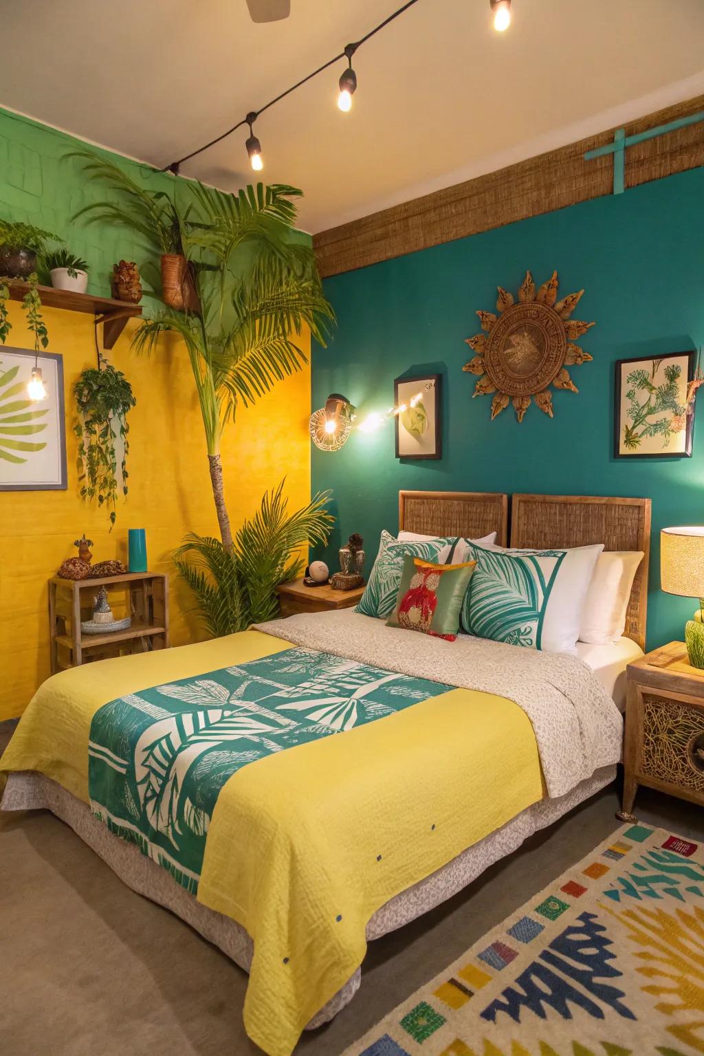 A lively color palette embodies the spirit of the tropics in your bedroom.