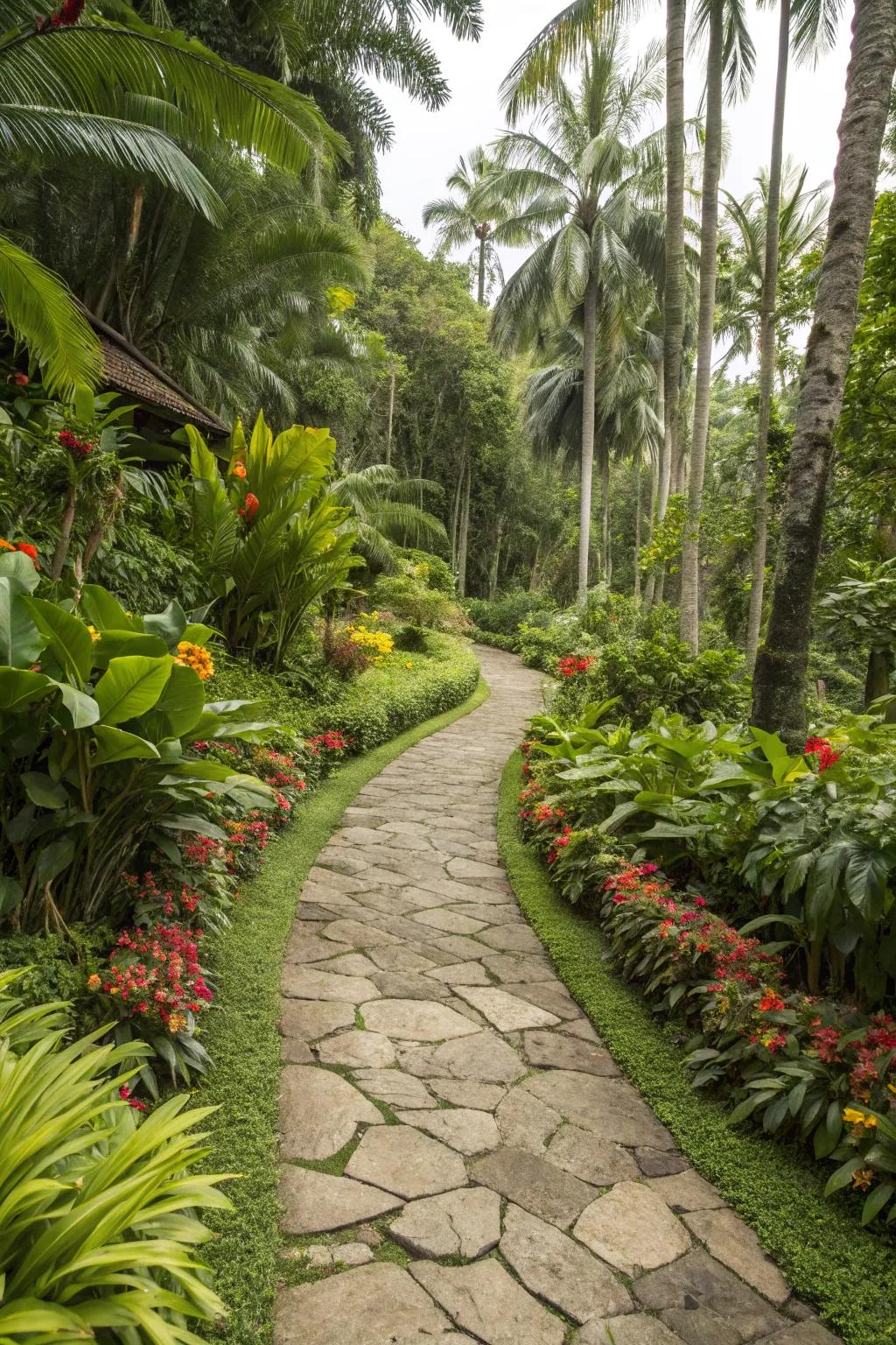 A natural stone pathway guiding you through a tropical garden oasis.
