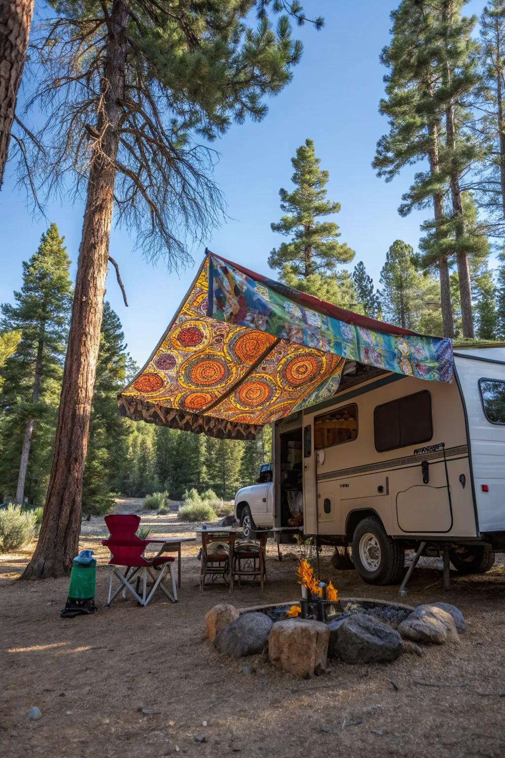 A charming DIY awning adding a personal touch to a truck camper.