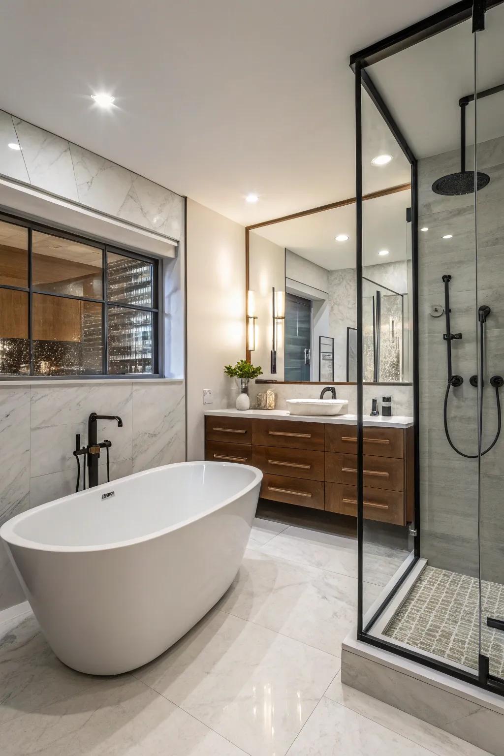 Detached tubs beside modern showers give a luxurious impression.